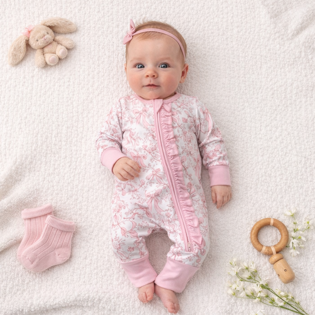 Pink Bow Floral 2way Zip Romper
