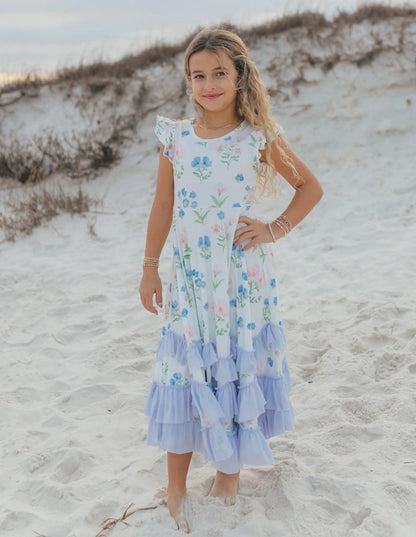 Dainty Blue Floral Flutter Sleeve Ruffles Maxi Dress