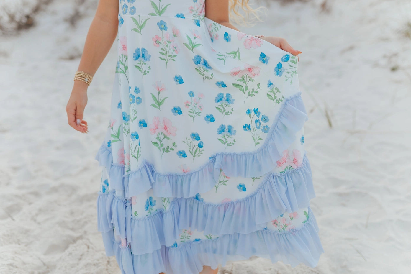 Dainty Blue Floral Flutter Sleeve Ruffles Maxi Dress