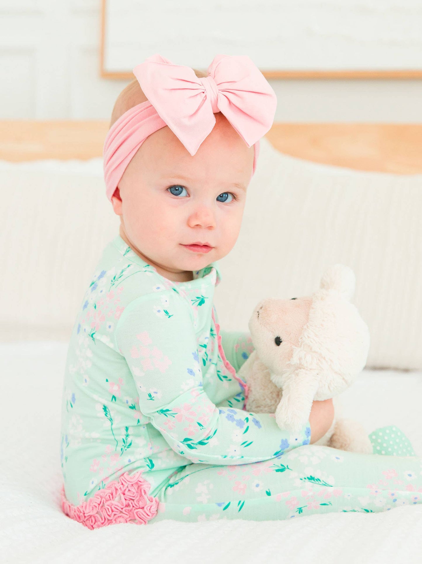 SoftSnooze™ Baby Girls Bamboo Viscose Mint Meadow Footed Ruffle One Piece Pajama
