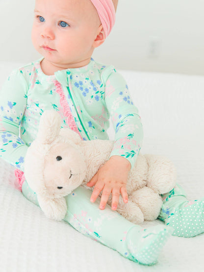 SoftSnooze™ Baby Girls Bamboo Viscose Mint Meadow Footed Ruffle One Piece Pajama