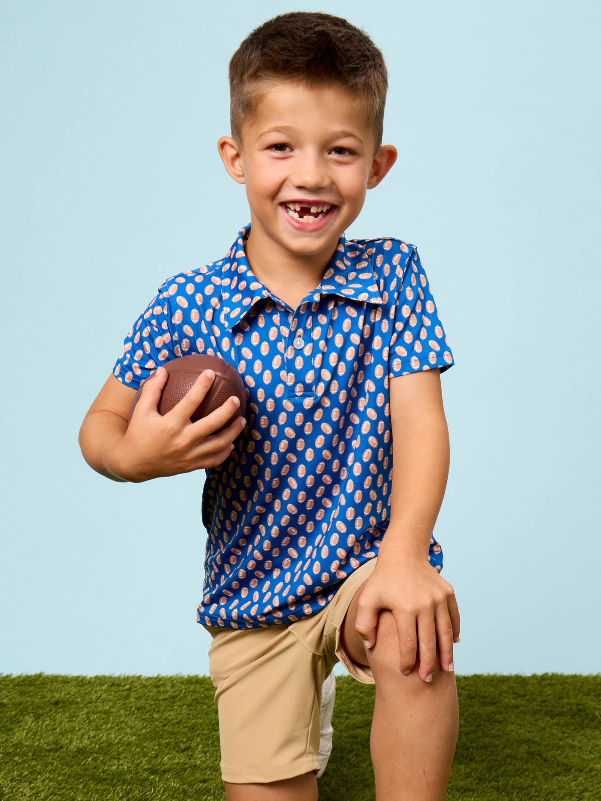 Boys Varsity Blue Football Frenzy Knit Short Sleeve Performance Polo