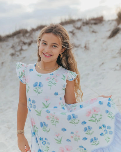 Dainty Blue Floral Flutter Sleeve Ruffles Maxi Dress
