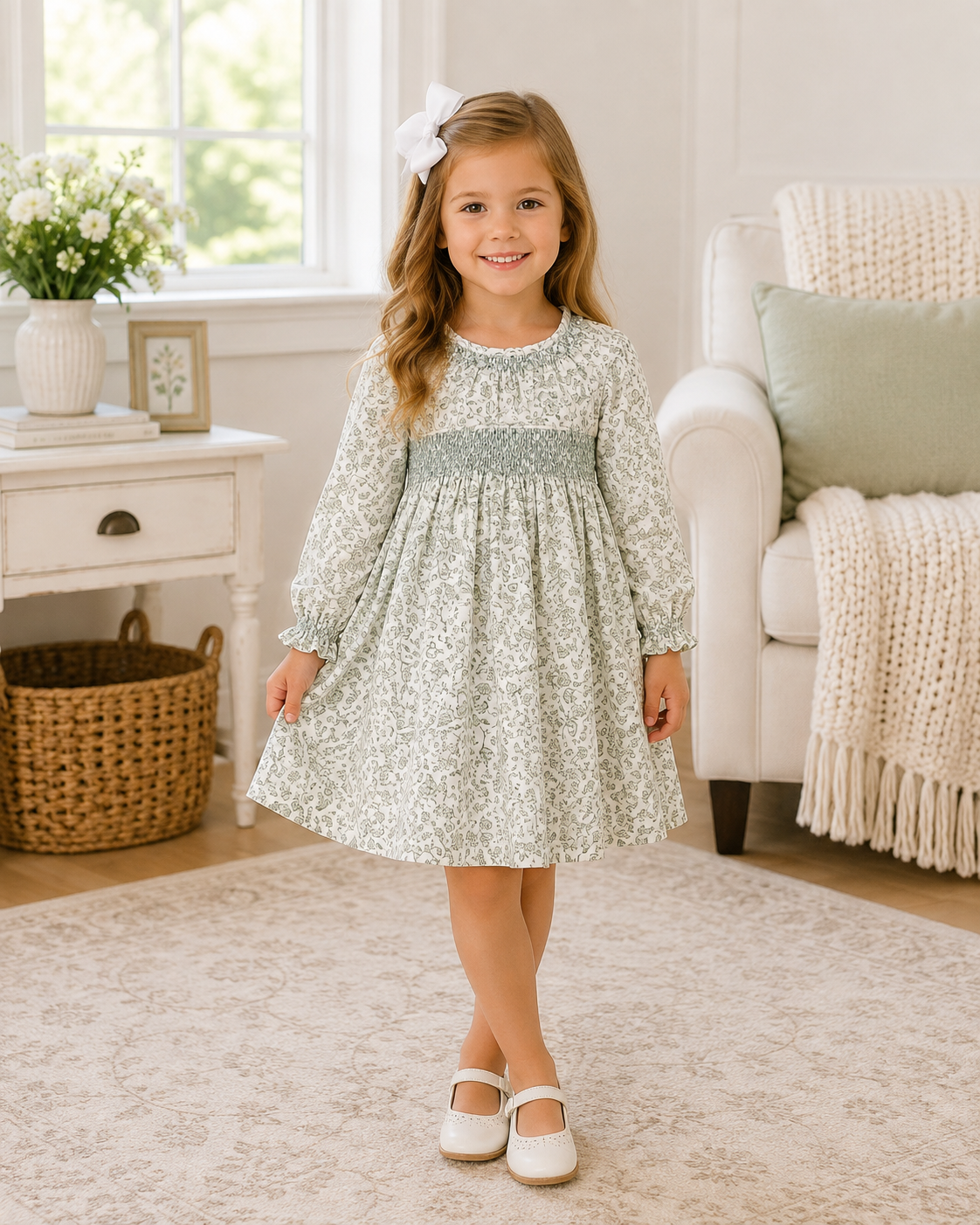 Green Floral Smocked Dress