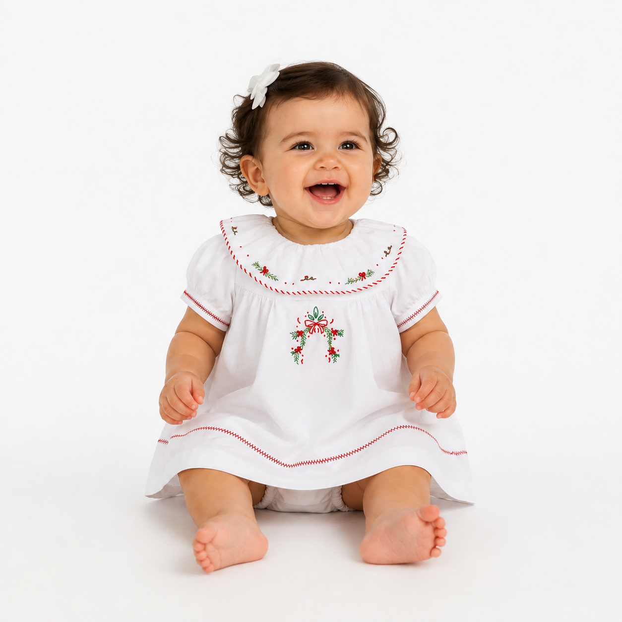 White Christmas Embroidered Dress + Bloomer