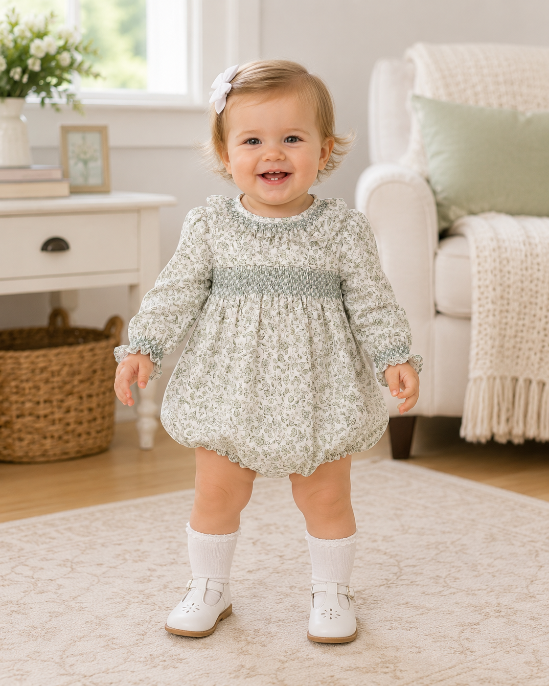 Green Floral Smocked Bubble