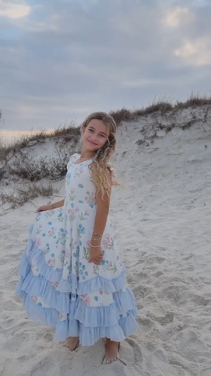 Dainty Blue Floral Flutter Sleeve Ruffles Maxi Dress